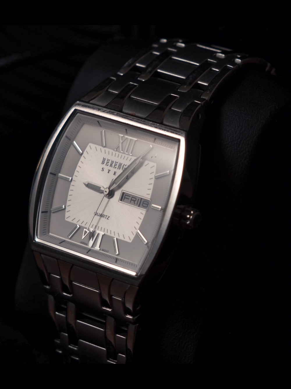 Berenger Steel Quartz Timepiece Silver Tone Tonneau Watch Day Date